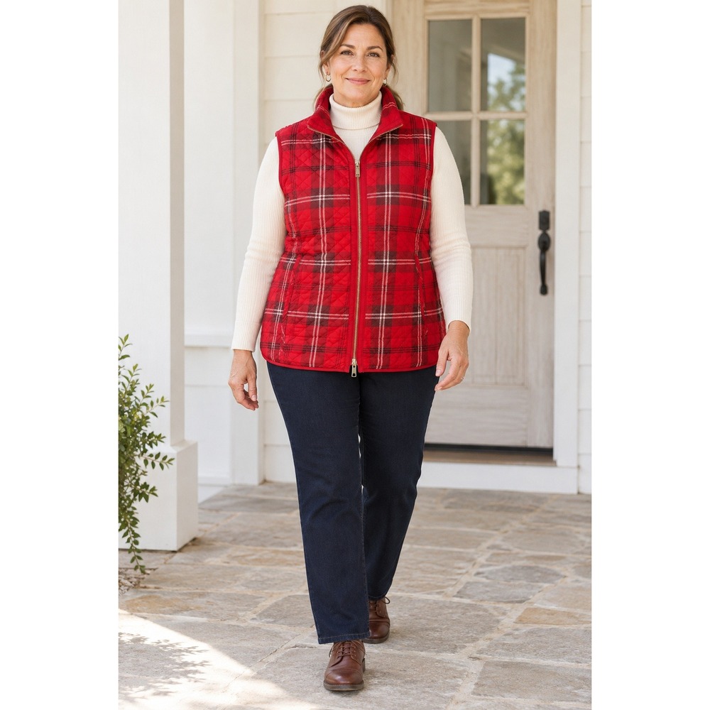 Chico's Reversible Full Zip Vest Women L Red Plaid Quilted Holiday Classic Gilet
